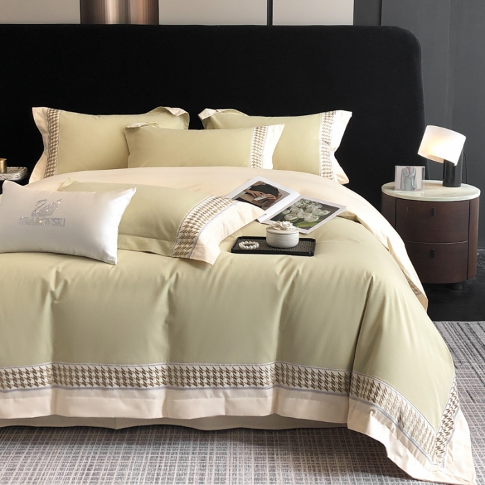 91家纺网 家纺一手货源 找家纺 （可开发票）高档礼盒装超柔超细旦50S长绒棉磨毛刺绣四件套全棉100%纯棉秋冬加厚床品 曙光金-千鸟格-A类超细旦超柔长绒棉