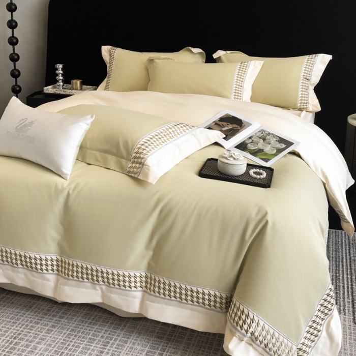 91家纺网 家纺一手货源 找家纺 （可开发票）高档礼盒装超柔超细旦50S长绒棉磨毛刺绣四件套全棉100%纯棉秋冬加厚床品 曙光金-千鸟格-A类超细旦超柔长绒棉