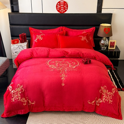 （总）苏米娜2025秋冬新款高克重9斤全消光牛奶绒大红结婚婚庆四件套大红色龙凤刺绣婴儿绒四件套（含精美手提袋）