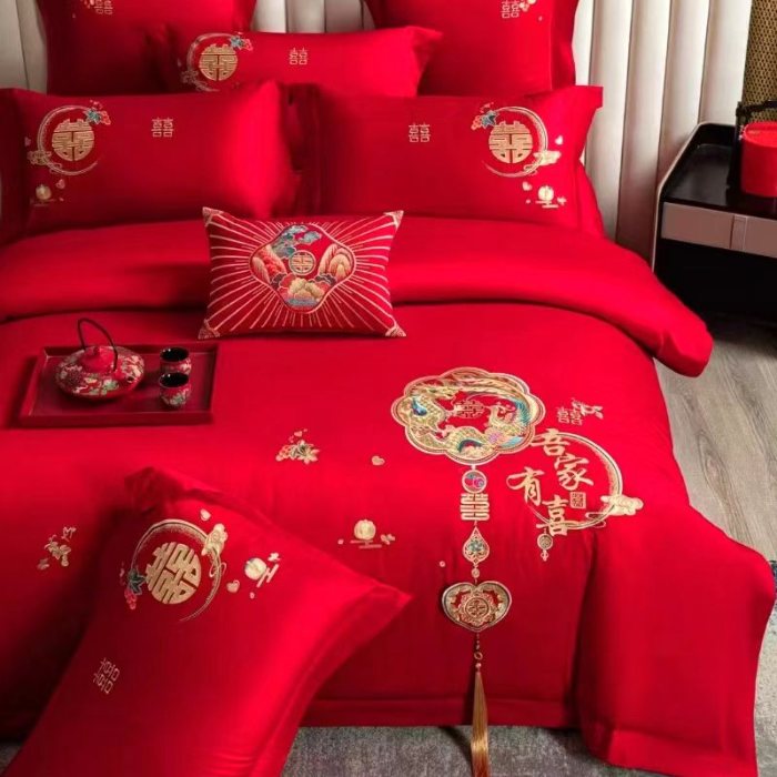 91家纺网 家纺一手货源 找家纺 梦丝语家纺婚庆四件套五件套六件套八件套10件套百支长绒棉床裙款原版