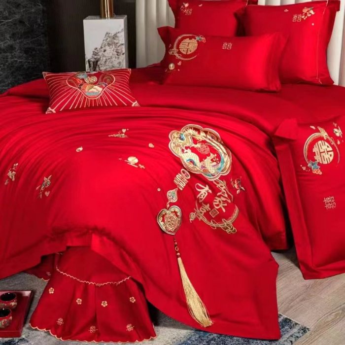 91家纺网 家纺一手货源 找家纺 梦丝语家纺婚庆四件套五件套六件套八件套10件套百支长绒棉床裙款原版