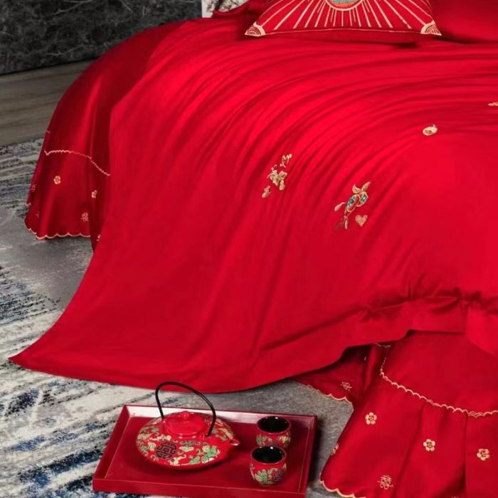 91家纺网 家纺一手货源 找家纺 梦丝语家纺婚庆四件套五件套六件套八件套10件套百支长绒棉床裙款原版