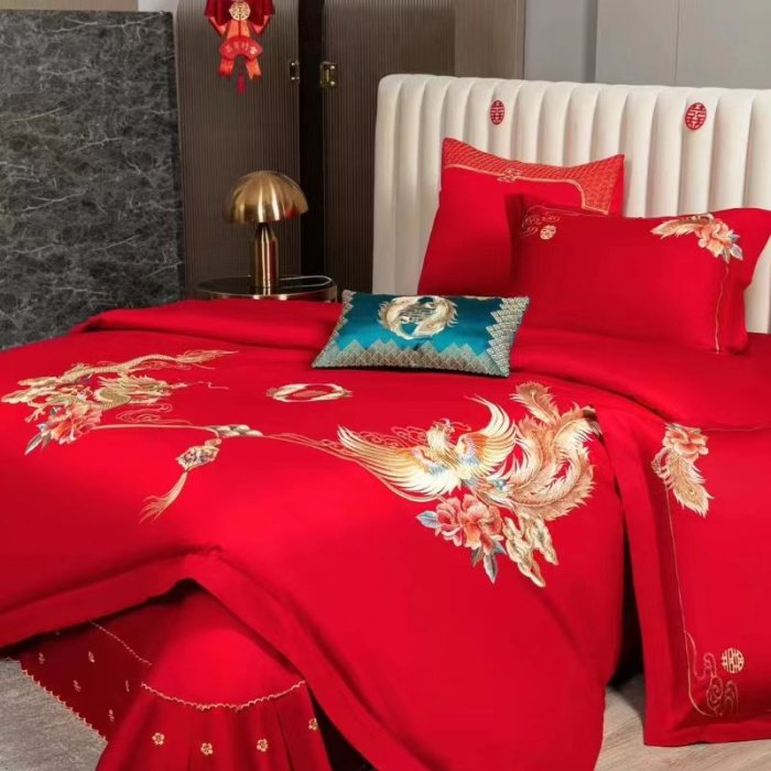 91家纺网 家纺一手货源 找家纺 梦丝语家纺婚庆四件套五件套六件套八件套九件套百支长绒棉床裙款原版