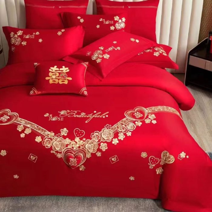 91家纺网 家纺一手货源 找家纺 梦丝语家纺婚庆四件套五件套六件套八件套九件套百支长绒棉床裙款原版