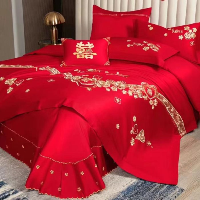 91家纺网 家纺一手货源 找家纺 梦丝语家纺婚庆四件套五件套六件套八件套九件套百支长绒棉床裙款原版