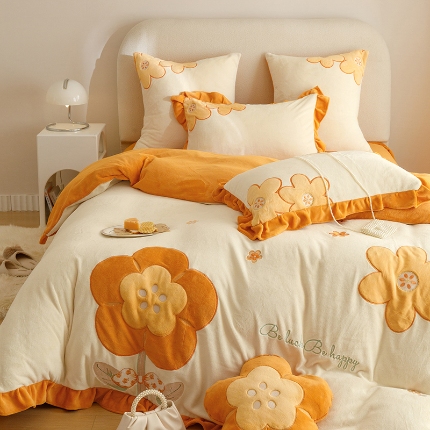 91家纺网 家纺一手货源 找家纺 （总）绒梦里2025新品加厚韩版贴布绣牛奶绒四件套兔毛绒法莱绒保暖套件