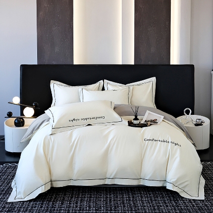 91家纺网 家纺一手货源 找家纺 （总）2025新款全棉长绒棉双拼四件套刺绣轻奢床上用品-简约