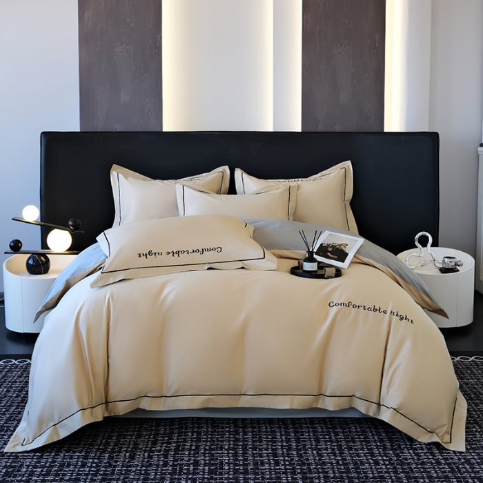 91家纺网 家纺一手货源 找家纺 （总）2025新款全棉长绒棉双拼四件套刺绣轻奢床上用品-简约