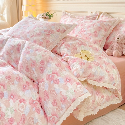 91家纺网 家纺一手货源 找家纺 （总）【苏东来】2026韩版蕾丝花边纯棉全棉双层纱四件套印花纯棉四件套法式赫本木耳花边全棉公主双层纱四件套