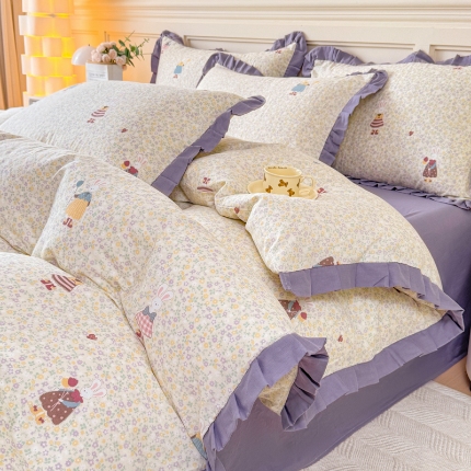 91家纺网 家纺一手货源 找家纺 （总）【苏东来】2026韩版蕾丝花边纯棉全棉双层纱四件套印花纯棉四件套法式赫本木耳花边全棉公主双层纱四件套