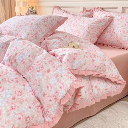 91家纺网 家纺一手货源 找家纺 （总）【苏东来】2026韩版蕾丝花边纯棉全棉双层纱四件套印花纯棉四件套法式赫本木耳花边全棉公主双层纱四件套