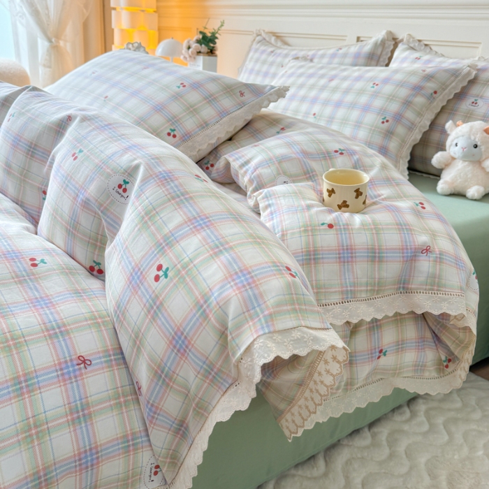 91家纺网 家纺一手货源 找家纺 （总）【苏东来】2026韩版蕾丝花边纯棉全棉双层纱四件套印花纯棉四件套法式赫本木耳花边全棉公主双层纱四件套