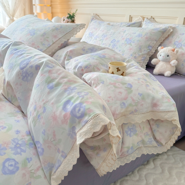 91家纺网 家纺一手货源 找家纺 （总）【苏东来】2026韩版蕾丝花边纯棉全棉双层纱四件套印花纯棉四件套法式赫本木耳花边全棉公主双层纱四件套