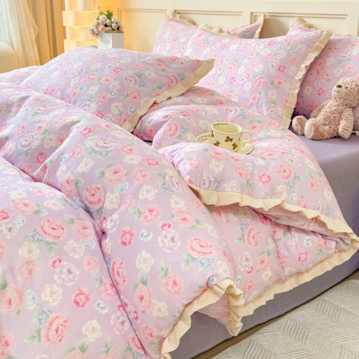 91家纺网 家纺一手货源 找家纺 （总）【苏东来】2026韩版蕾丝花边纯棉全棉双层纱四件套印花纯棉四件套法式赫本木耳花边全棉公主双层纱四件套