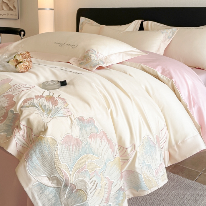 91家纺网 家纺一手货源 找家纺 （总）2025新款亲肤舒适刺绣轻奢简约四件套-枝花语