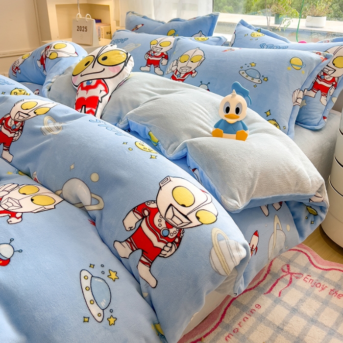 91家纺网 家纺一手货源 找家纺 （总）云恋家纺 2025新款卡通牛奶绒四件套珊瑚法兰绒床单床笠被套儿童床上用品冬季