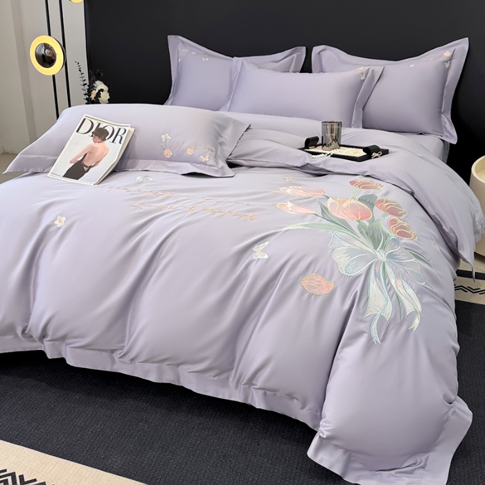 91家纺网 家纺一手货源 找家纺 （总）2026新款刺绣亲肤棉简约高端四件套 郁金花束