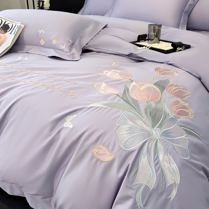 91家纺网 家纺一手货源 找家纺 （总）2026新款刺绣亲肤棉简约高端四件套 郁金花束