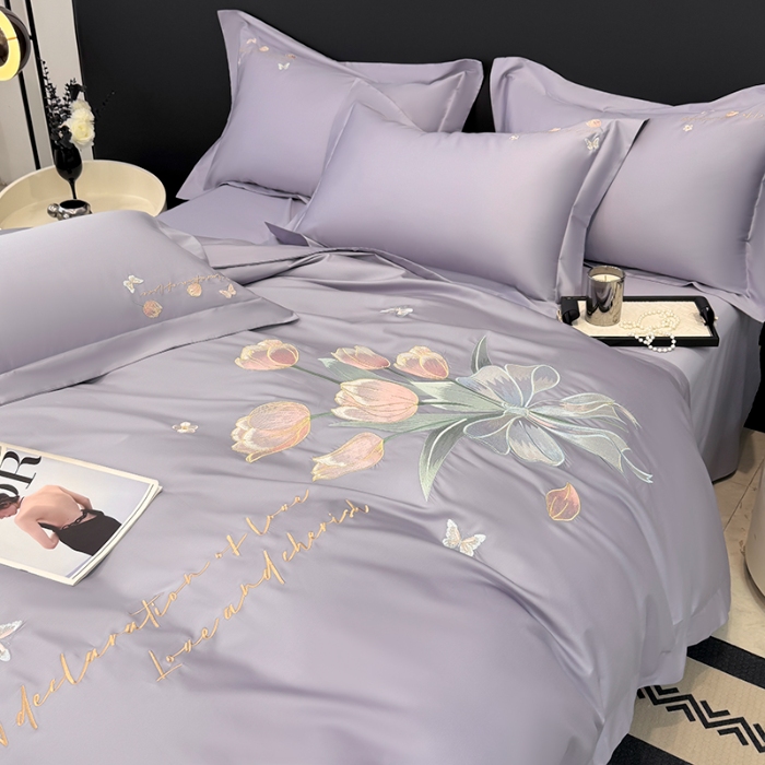 91家纺网 家纺一手货源 找家纺 （总）2026新款刺绣亲肤棉简约高端四件套 郁金花束