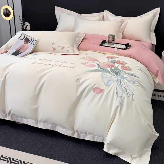 91家纺网 家纺一手货源 找家纺 （总）2026新款刺绣亲肤棉简约高端四件套 郁金花束