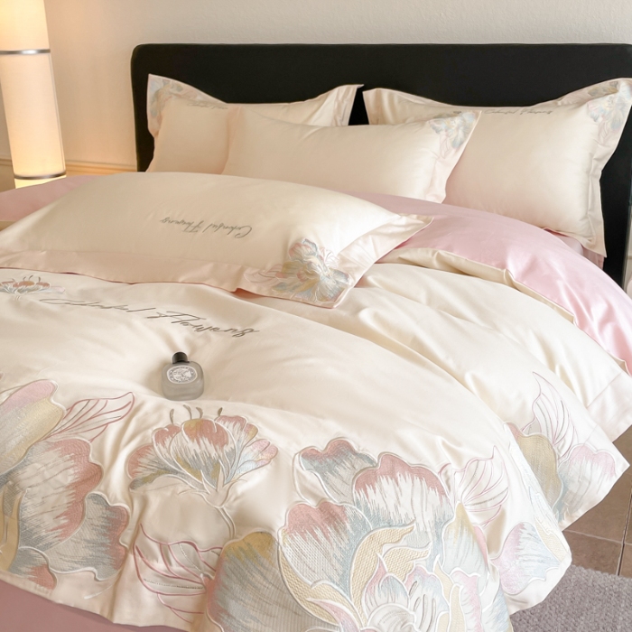 91家纺网 家纺一手货源 找家纺 （总）2026新款亲肤舒适刺绣轻奢简约四件套-枝花语