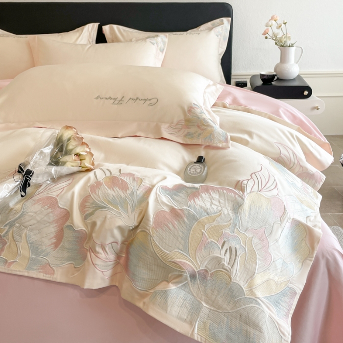 91家纺网 家纺一手货源 找家纺 （总）2026新款亲肤舒适刺绣轻奢简约四件套-枝花语