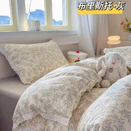 91家纺网 家纺一手货源 找家纺 （总）2025新款纯棉全棉双层纱法式少女蕾丝花边紫色碎花纱布温馨四件套