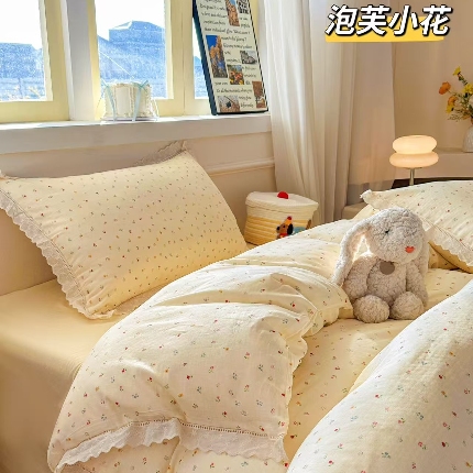 91家纺网 家纺一手货源 找家纺 （总）2025新款纯棉全棉双层纱法式少女蕾丝花边紫色碎花纱布温馨四件套