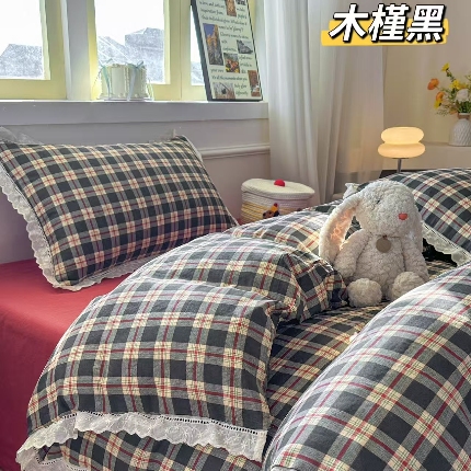 91家纺网 家纺一手货源 找家纺 （总）2025新款纯棉全棉双层纱法式少女蕾丝花边紫色碎花纱布温馨四件套