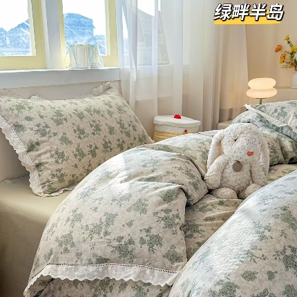 91家纺网 家纺一手货源 找家纺 （总）2025新款纯棉全棉双层纱法式少女蕾丝花边紫色碎花纱布温馨四件套