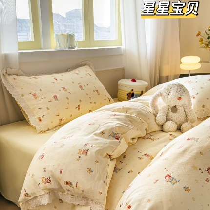 91家纺网 家纺一手货源 找家纺 （总）2025新款纯棉全棉双层纱法式少女蕾丝花边紫色碎花纱布温馨四件套