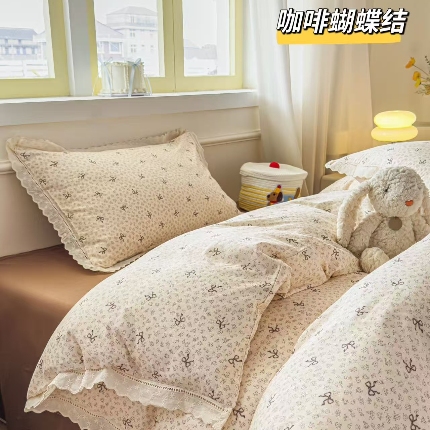 91家纺网 家纺一手货源 找家纺 （总）2025新款纯棉全棉双层纱法式少女蕾丝花边紫色碎花纱布温馨四件套