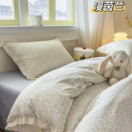 91家纺网 家纺一手货源 找家纺 （总）2025新款纯棉全棉双层纱法式少女蕾丝花边紫色碎花纱布温馨四件套