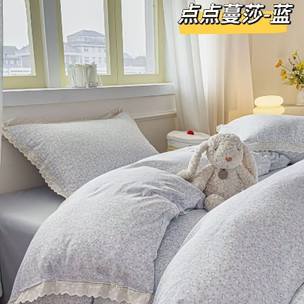 91家纺网 家纺一手货源 找家纺 （总）2025新款纯棉全棉双层纱法式少女蕾丝花边紫色碎花纱布温馨四件套