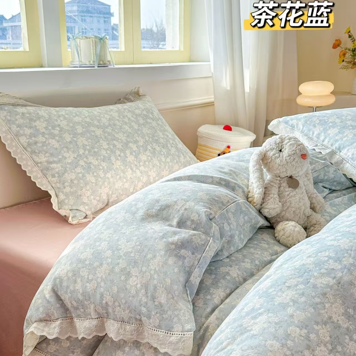 91家纺网 家纺一手货源 找家纺 （总）2025新款纯棉全棉双层纱法式少女蕾丝花边紫色碎花纱布温馨四件套