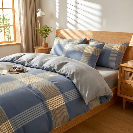 91家纺网 家纺一手货源 找家纺 2026年新款色织全棉纯棉四件套条纹格子复古风床单床笠款套件四季通用（有质检报告）