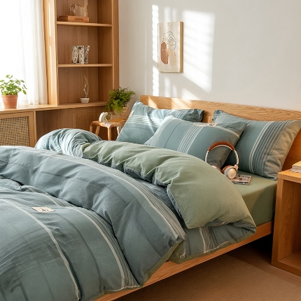 91家纺网 家纺一手货源 找家纺 2026年新款色织全棉纯棉四件套条纹格子复古风床单床笠款套件四季通用（有质检报告）