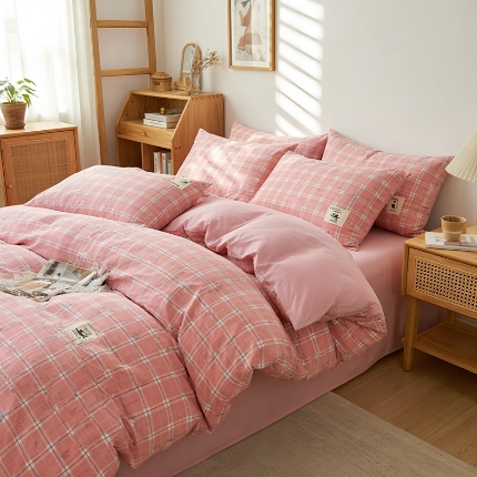 91家纺网 家纺一手货源 找家纺 2026年新款色织全棉纯棉四件套条纹格子复古风床单床笠款套件四季通用（有质检报告）