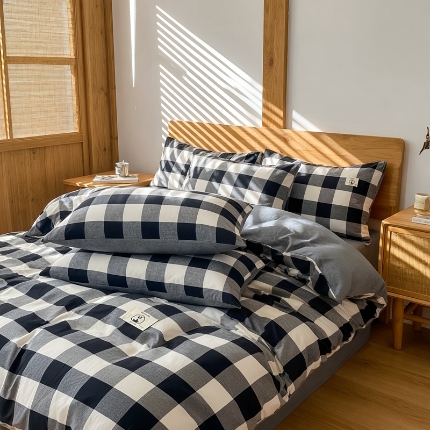 91家纺网 家纺一手货源 找家纺 2026年新款色织全棉纯棉四件套条纹格子复古风床单床笠款套件四季通用（有质检报告）