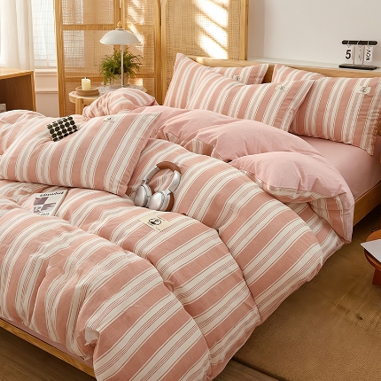 91家纺网 家纺一手货源 找家纺 2026年新款色织全棉纯棉四件套条纹格子复古风床单床笠款套件四季通用（有质检报告）