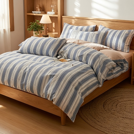 91家纺网 家纺一手货源 找家纺 2026年新款色织全棉纯棉四件套条纹格子复古风床单床笠款套件四季通用（有质检报告）