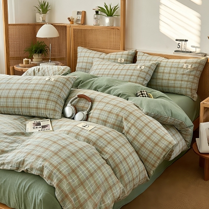 91家纺网 家纺一手货源 找家纺 2026年新款色织全棉纯棉四件套条纹格子复古风床单床笠款套件四季通用（有质检报告）