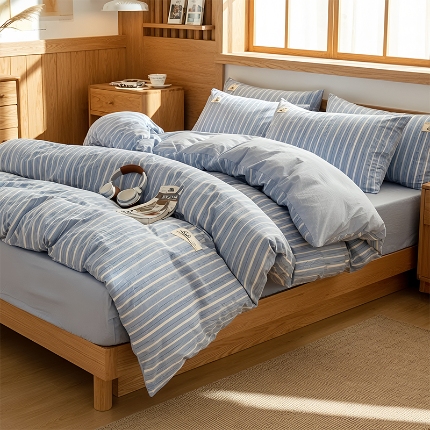 91家纺网 家纺一手货源 找家纺 2026年新款色织全棉纯棉四件套条纹格子复古风床单床笠款套件四季通用（有质检报告）