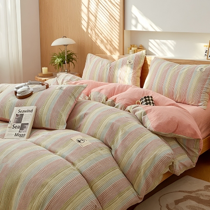 91家纺网 家纺一手货源 找家纺 2026年新款色织全棉纯棉四件套条纹格子复古风床单床笠款套件四季通用（有质检报告）