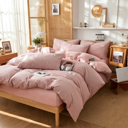 91家纺网 家纺一手货源 找家纺 2026年新款色织全棉纯棉四件套条纹格子复古风床单床笠款套件四季通用（有质检报告）