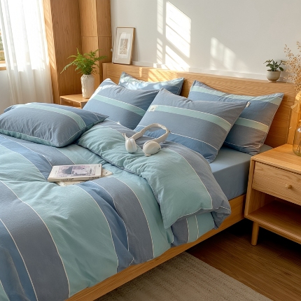 91家纺网 家纺一手货源 找家纺 2026年新款色织全棉纯棉四件套条纹格子复古风床单床笠款套件四季通用（有质检报告）