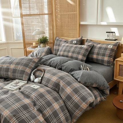 91家纺网 家纺一手货源 找家纺 2026年新款色织全棉纯棉四件套条纹格子复古风床单床笠款套件四季通用（有质检报告）