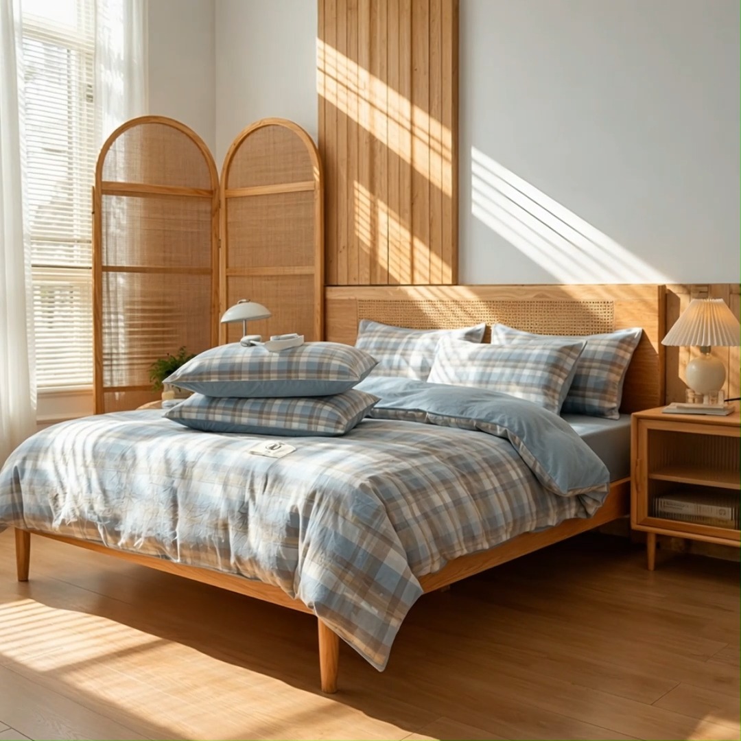 91家纺网 家纺一手货源 找家纺 2026年新款色织全棉纯棉四件套条纹格子复古风床单床笠款套件四季通用（有质检报告）