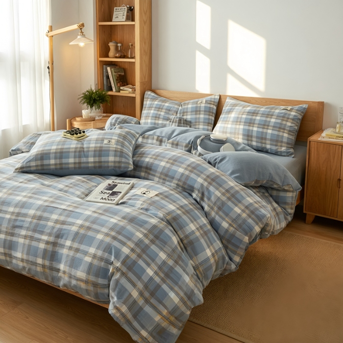 91家纺网 家纺一手货源 找家纺 2026年新款色织全棉纯棉四件套条纹格子复古风床单床笠款套件四季通用（有质检报告）