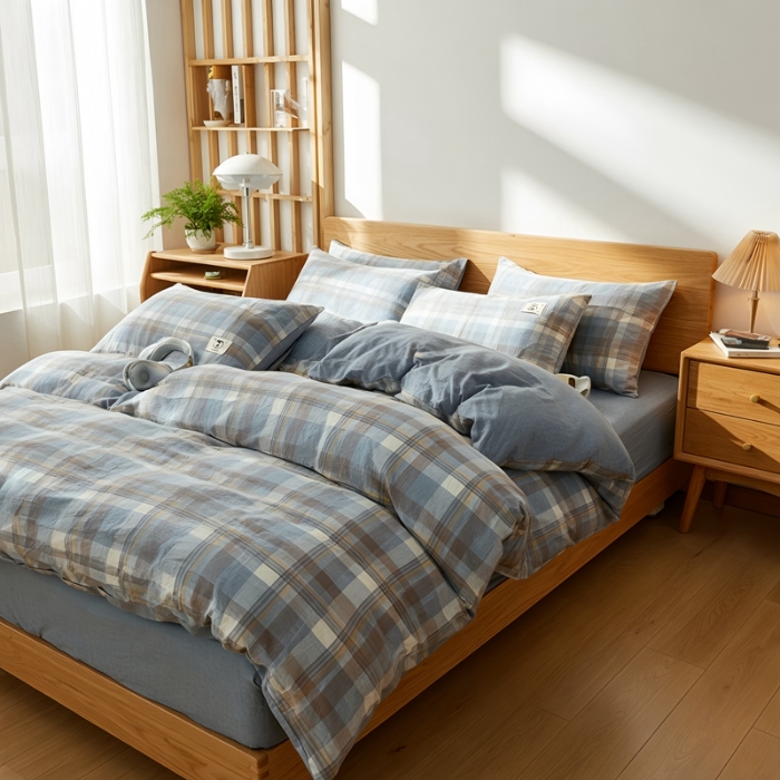 91家纺网 家纺一手货源 找家纺 2026年新款色织全棉纯棉四件套条纹格子复古风床单床笠款套件四季通用（有质检报告）